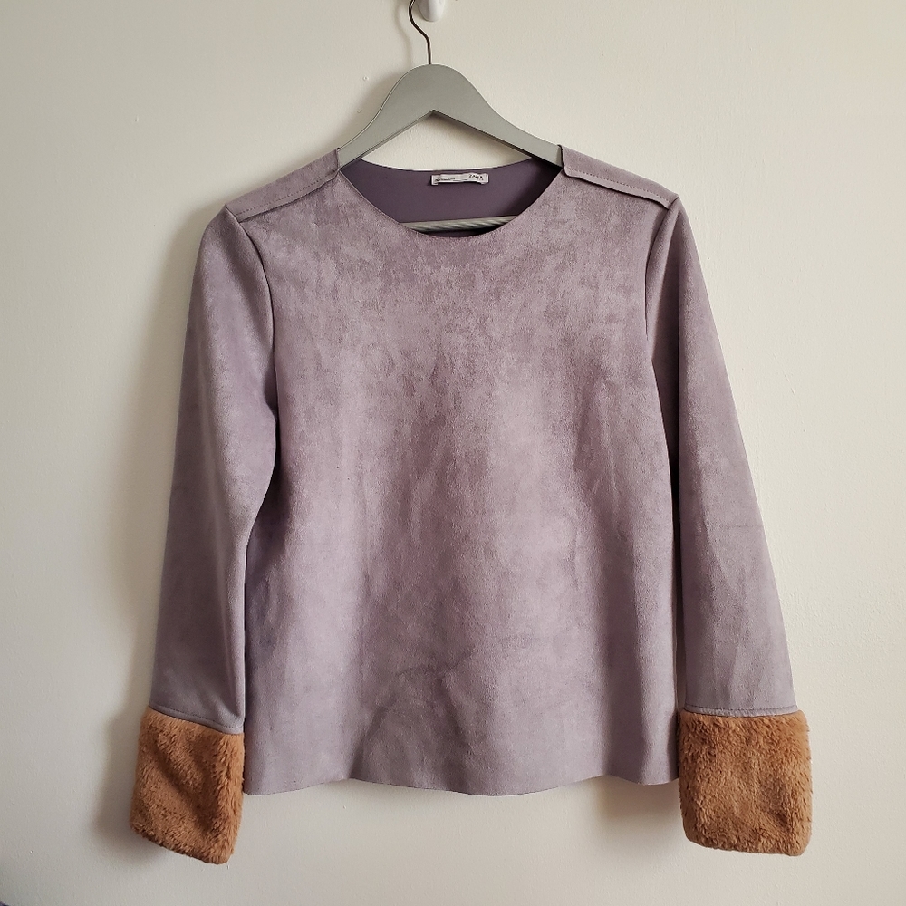 Zara Grey Crew Neck Faux Suede Top Small